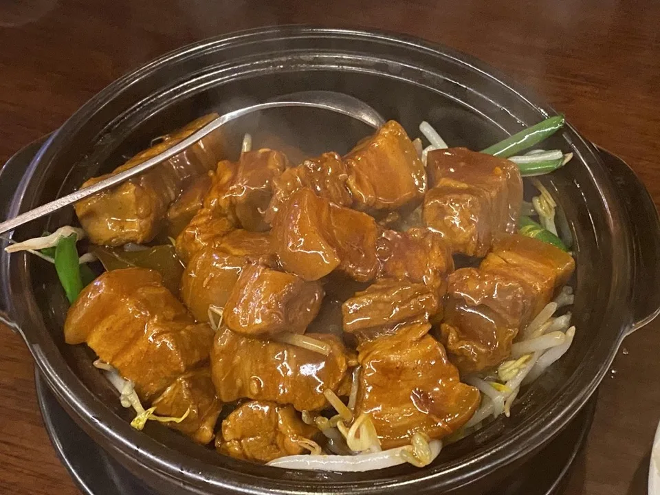 Red-braised pork belly in a bowl
