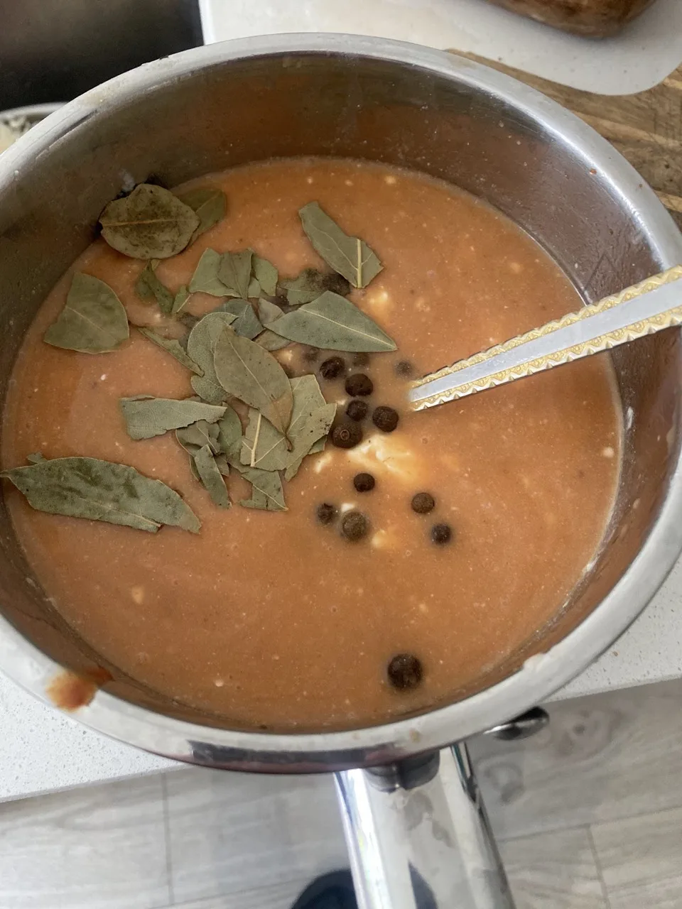 Bay leaves and allspice going in